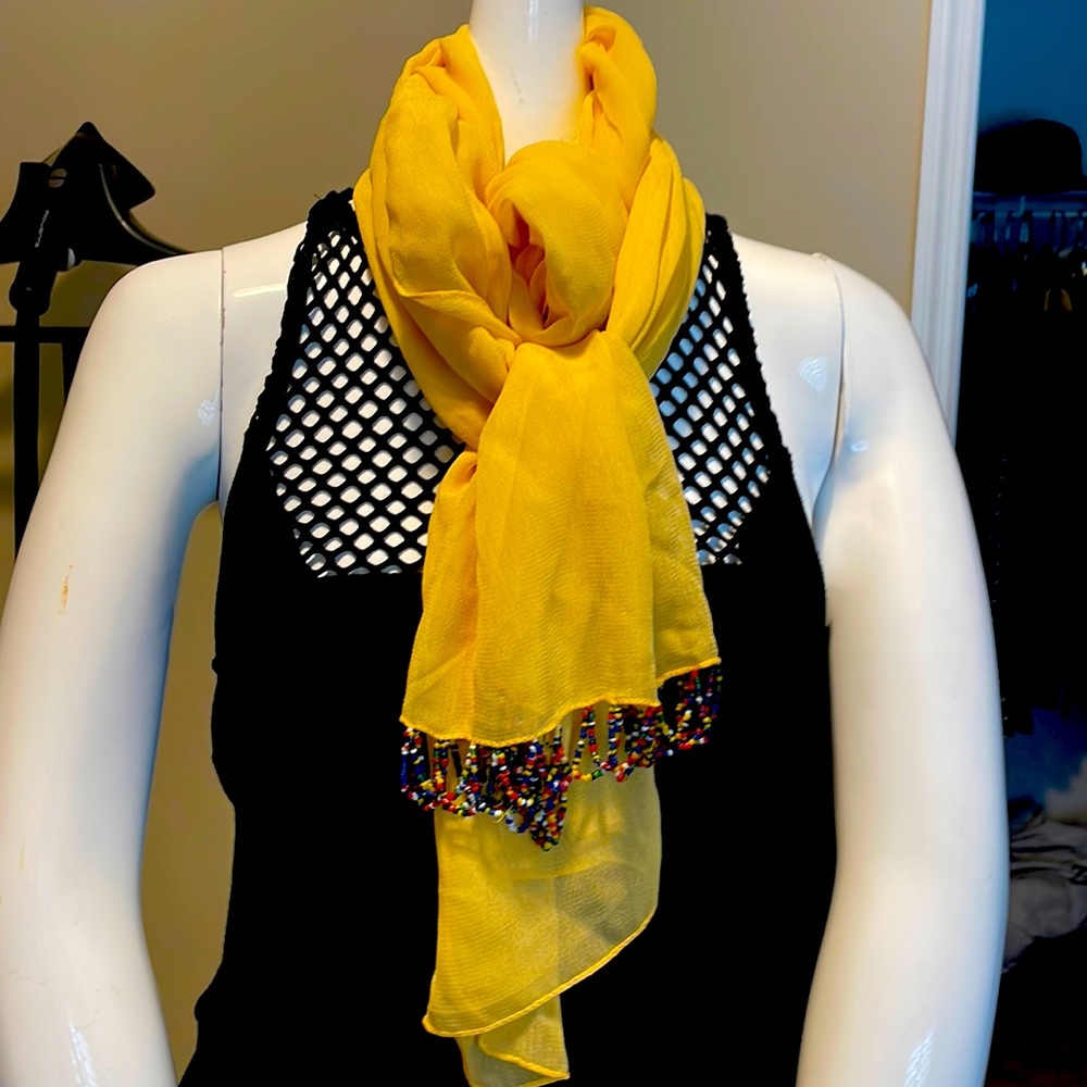 Vintage Yellow chiffon silk scarf with beads at one end bought at Nordstrom